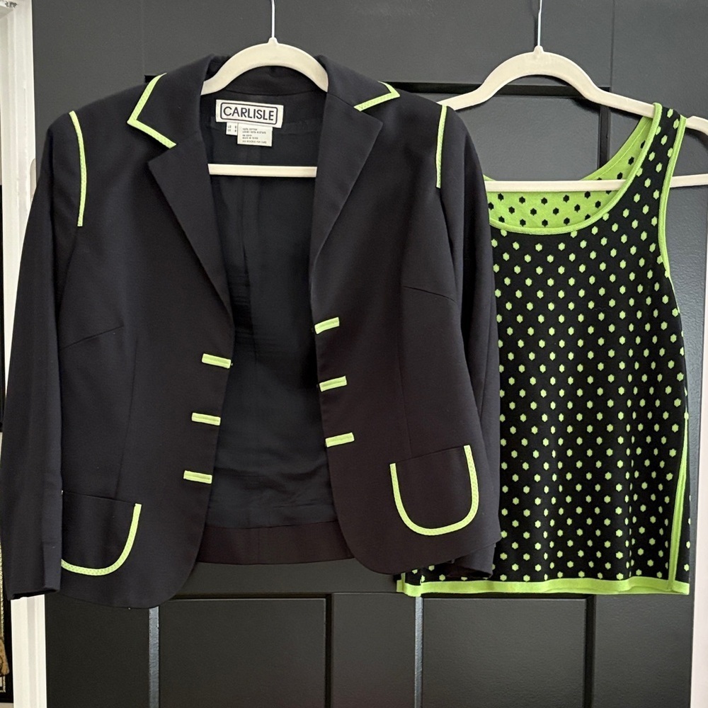 Carlisle Vintage Black Cotton Blazer, Neon Green Accents & Polka Dot Tank.Size 6